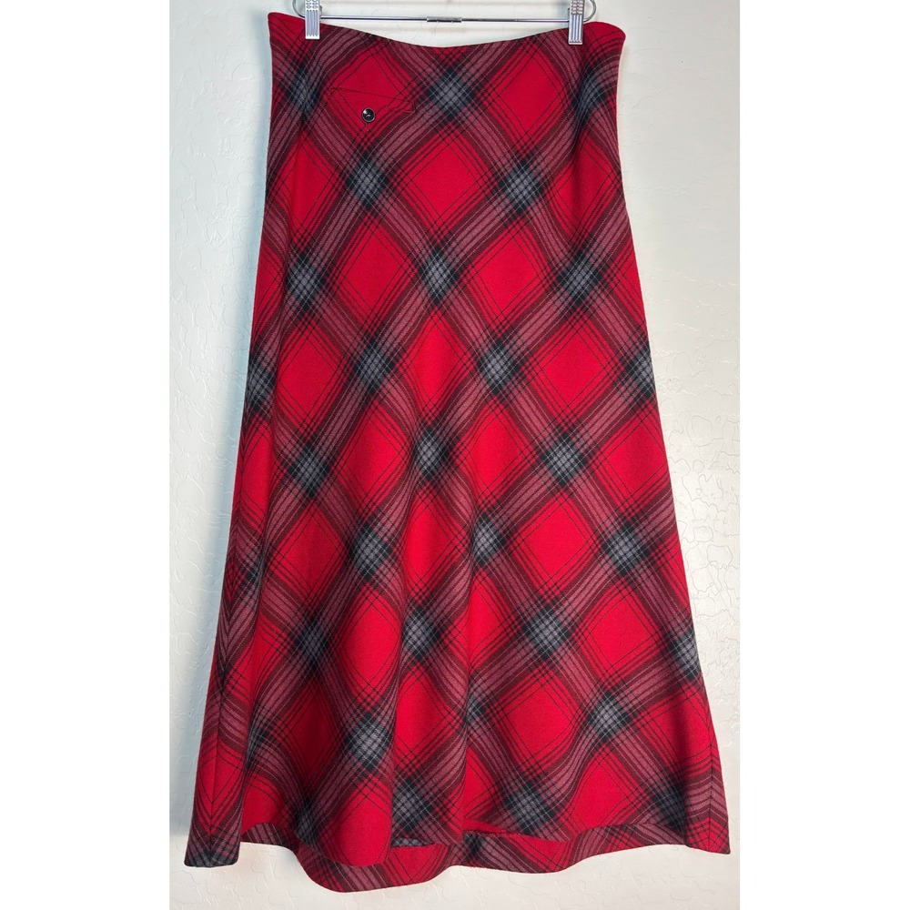 Talbots Red Black Plaid Wool Blend Maxi Skirt Sz 8 A-Line Bias Cut Lined 2189